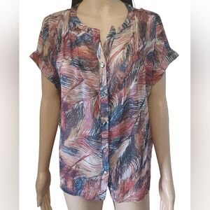Liz Claiborne Multi Color Feather Pattern Short Sleeve Top
